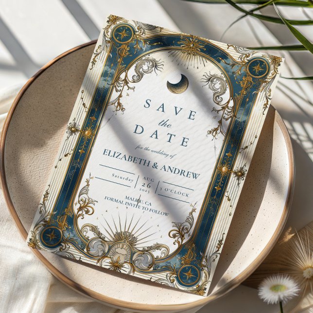 Himmlische Art Nouveau Blau Gold Hochzeit Save The Date (Von Creator hochgeladen)