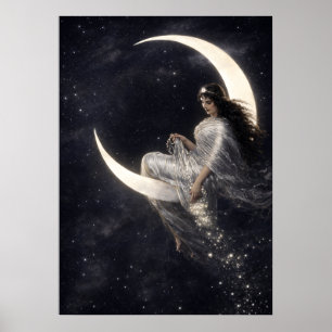 Himmlische Art Nouveau Frau auf zunehmendem Mond Poster