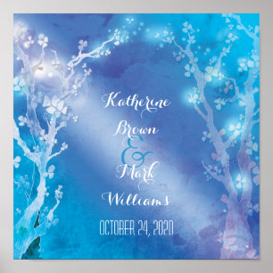 Himmlische Bäume schimmern Hochzeit in Blau Poster