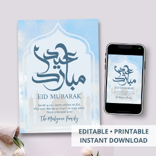 Himmlische Blaue Himmelsmoschee Silhouette Eid Mub Feiertagskarte