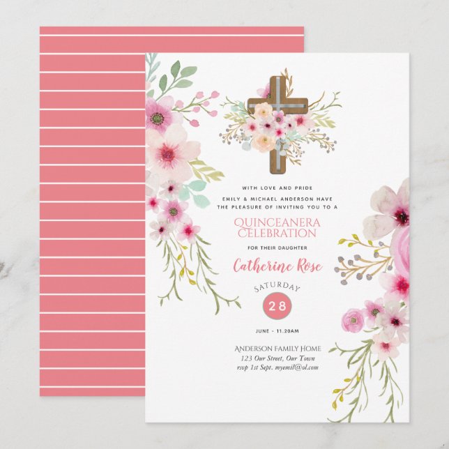 Himmlische Cross Quinceanera Einladung Boho Blume (Vorne/Hinten)
