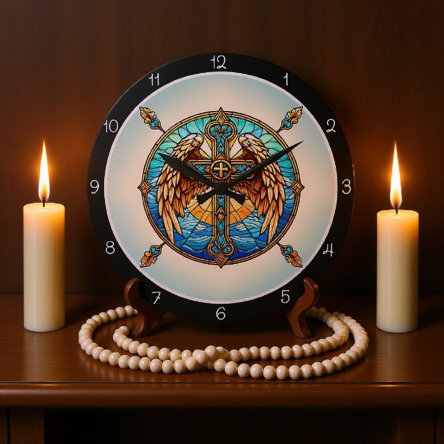 Himmlische Farbtöne Geflügeltes Kreuz  Große Wanduhr (Von Creator hochgeladen)