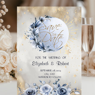 Himmlische goldene Sonne, blaue Mondrosen Sterne Save The Date