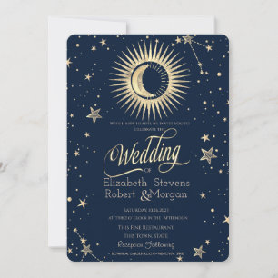 Himmlische goldene Sonne und Mond Sterne Hochzeit Einladung