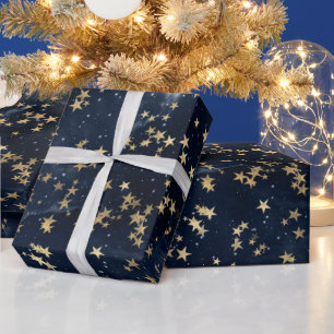 Himmlische goldene Sterne auf navyblauem Galaxiehi Geschenkpapier