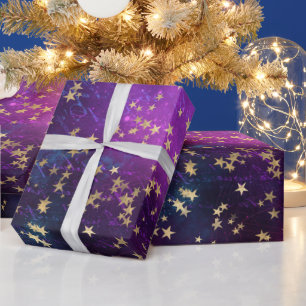 Himmlische goldene Sterne auf violettem Galaxiehin Geschenkpapier
