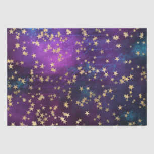 Himmlische goldene Sterne auf violettem Galaxiehin Seidenpapier