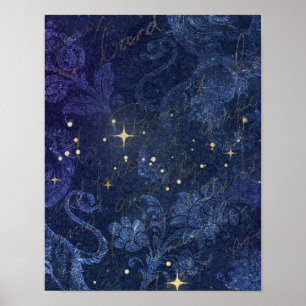Himmlische goldene Sterne blaue florale flockige v Poster