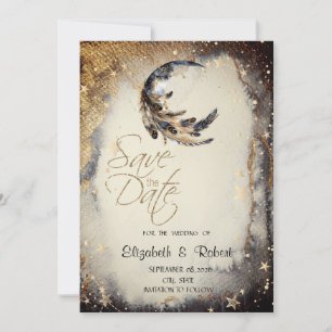 Himmlische Goldsterne Mond Feder Save The Date