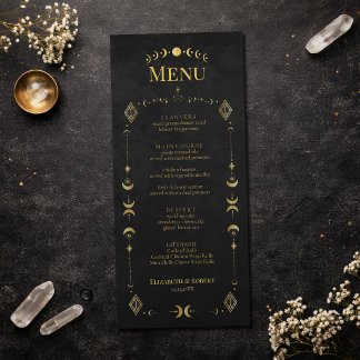 Himmlische gotische schwarze und goldene Hochzeits Menükarte
