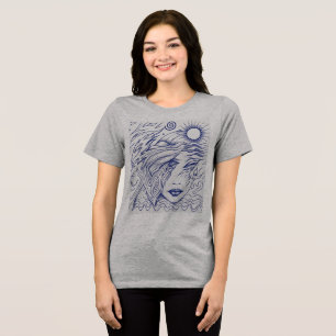Himmlische Harmonie: Blaues Tintenlinienkunst-Port Tri-Blend Shirt