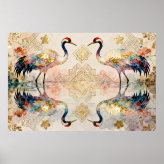 Himmlische Kraniche in Harmonie - Wasserfarben Poster