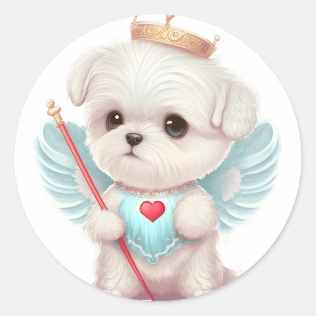 Himmlische Liebe: Niedlicher Angel maltesischer Hu Runder Aufkleber (Vorderseite)