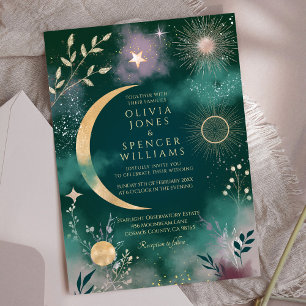 Himmlische Magie Mond & Sterne Smaragd-Hochzeit Einladung