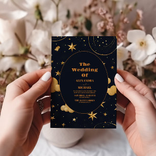 Himmlische Midnight Blue Sterne Mond Hochzeit Einladung