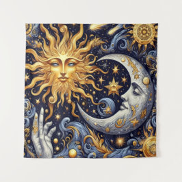 Himmlische Mitternacht Silhouette Sonne und Mond Wandteppich