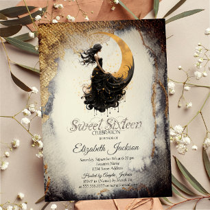 Himmlische Mondmädchen-Aquarell-Gold Sweet 16 Einladung