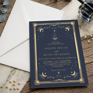 Himmlische mystische Mondstern-Navy-Blau-Hochzeit Einladung