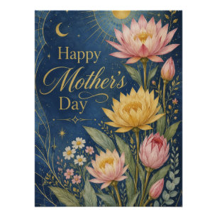 Himmlische Navy-Gold-Lotus-Botanik Poster