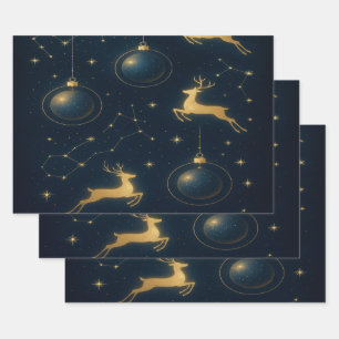 Himmlische Rentiere und goldene Stern-Ornamente Geschenkpapier Set