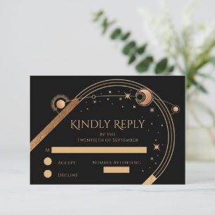 Himmlische Schwarze Goldene Sonne Mond Sterne Hoch RSVP Karte