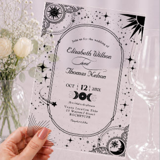 Himmlische schwarze Sonne Mond Acryl-Hochzeit Acryleinladungen