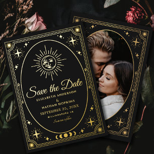 Himmlische schwarze Tarot-Hochzeitsfoto Save the D Folieneinladung