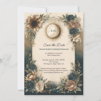 Himmlische Sonne Mond Boho Blumen Vorab Ankündigun Save The Date