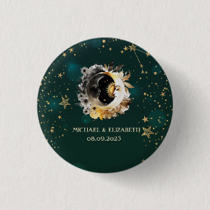 Himmlische Sonne und Mond Blumen Sterne Grün Button