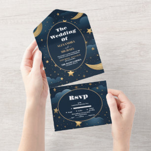 Himmlische Sterne Mond Hochzeit in Mitternachtsbla All In One Einladung
