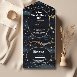 Himmlische Sterne Mond Hochzeit in Mitternachtsbla All In One Einladung