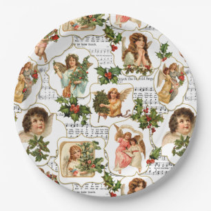 Himmlische Vintage Engel, Holly & Music Collage Pappteller
