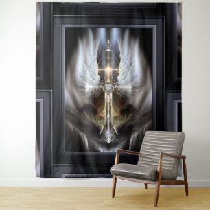Himmlischer Angel Wing Cross Black Fraktal Art Wandteppich