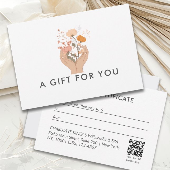 Himmlischer Blumen-Salon QR-Code-Geschenkgutschein (Celestial Floral White Beige Brown Boho Qr Code Salon Business Gift Certificate)