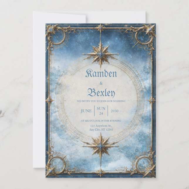 Himmlischer Goldkompass Hochzeit Einladung (Vorderseite)