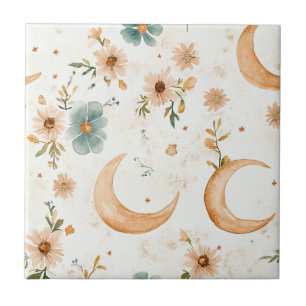 Himmlischer Halbmond Blumen Gold Glitter Fliese