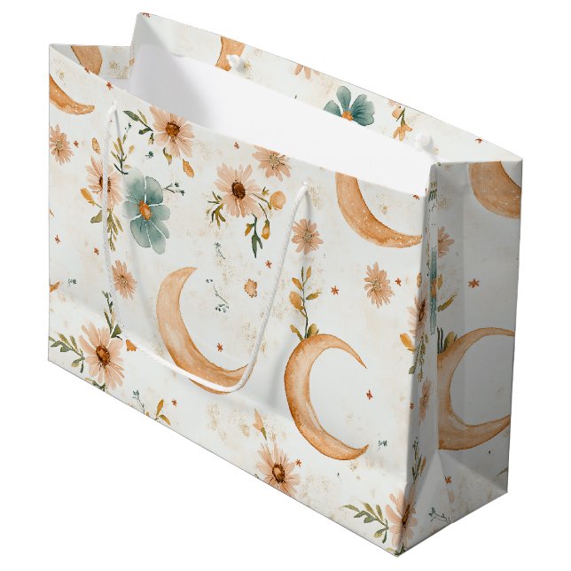 Himmlischer Halbmond Blumen Gold Glitter Große Geschenktüte (Vorderseite Schrägansicht)