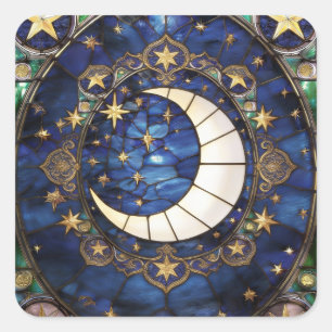 Himmlischer Halbmond-Ornament-Buntglas-Mond Quadratischer Aufkleber