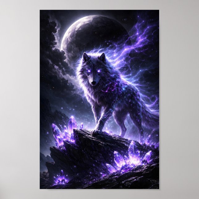 Himmlischer Lila Wolf Kristallberg Fantasy Poster (Vorne)
