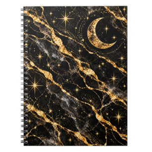 Himmlischer Mond und Sterne Schwarz Gold Notizblock