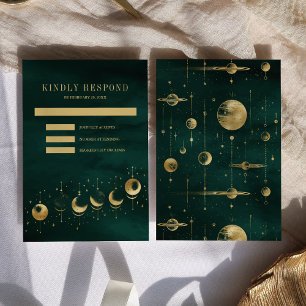 Himmlischer Smaragd-Gold-Halbmond-Phasen-Hochzeit RSVP Karte