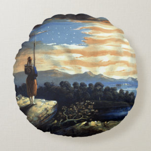 Himmlischer Sonnenaufgang der amerikanischen Flagg Rundes Kissen
