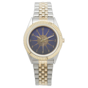 Himmlischer Sun-Mond-Messingflachrelief-Grafik Armbanduhr