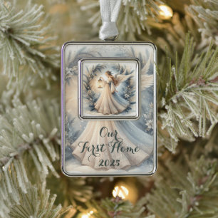 Himmlischer Winterengel - Laterne des Friedens Rahmen-Ornament Silber