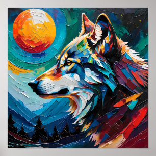 Himmlischer Wolf unter bemaltem Mond – Abstrakt  Poster