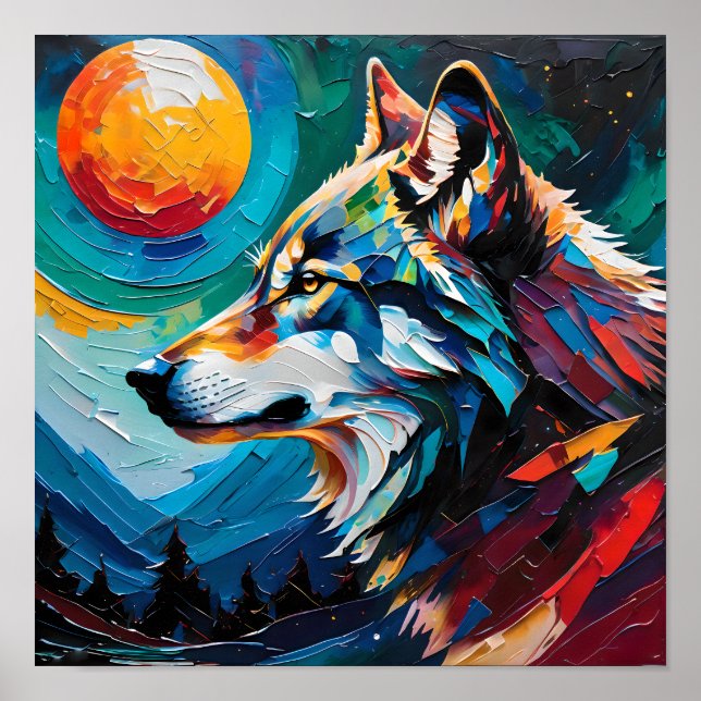 Himmlischer Wolf unter bemaltem Mond – Abstrakt  Poster (Vorne)