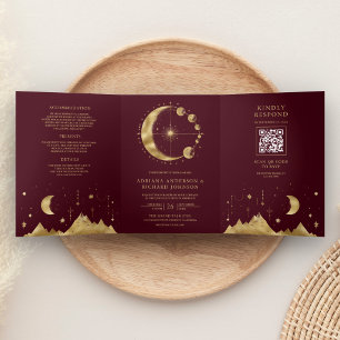 Himmlisches Burgunder-Gold-Halbmond-Hochzeit Dreifach Gefaltete Einladung