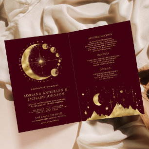 Himmlisches Burgunder-Gold-Halbmond-Hochzeit Einladung