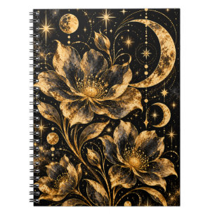 Himmlisches Gold-Mond-Blumenmuster Notizblock