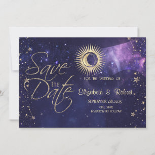 Himmlisches Gold Sonne, Mond, Sterne Lila Save The Date